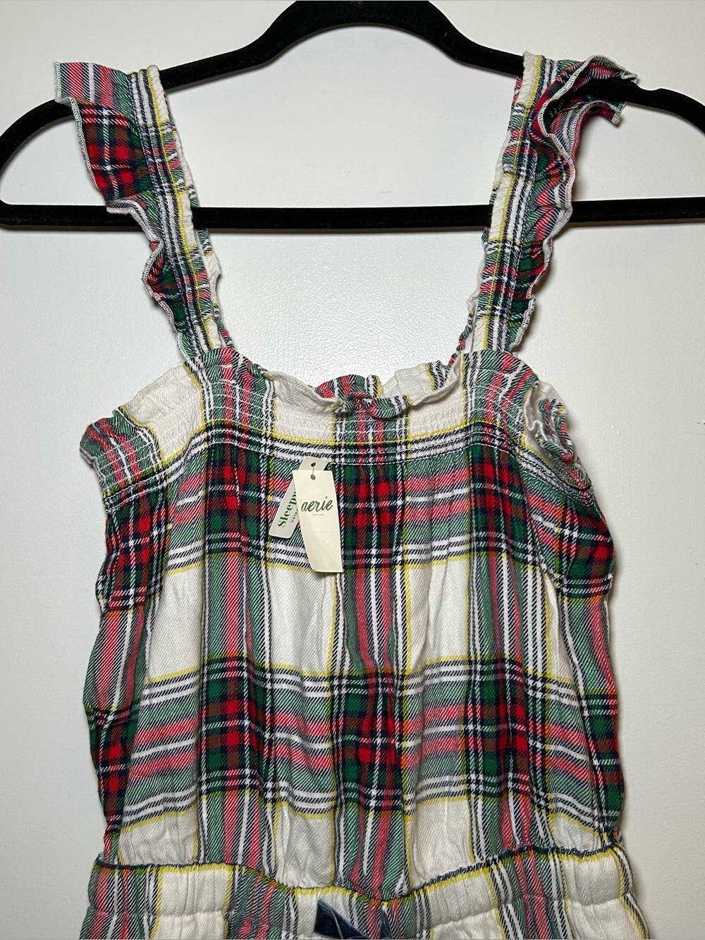 Aerie Red & Green Plaid Flannel Romper Pajamas Ruffled Small NEW Holiday - Picture 2 of 6
